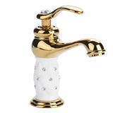 Tbest Waschtischarmatur Weiß Gold,Wasserhahn Gold,Grohe Wasserhahn Waschbecken Goldfarben Massivem Messing Mischbatterie Kalt-Warm Wasserhahn Mit Ornamenten Für Waschbecken