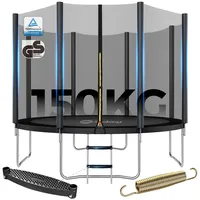 Sekey Trampolin Outdoor Ø 244/305/366 cm - TÜV Rheinland GS-Zertifiziert, Kindertrampolin Gartentrampolin mit Rutschfester Leiter, verstärktem Sicherheitsnetz und Randabdeckung 305CM 150KG, Schwarz