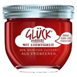 Glück Fruchtaufstrich mit Leichtigkeit Erdbeere, weniger Zucker, 70% Frucht, 230g