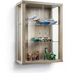 K-Möbel Hängevitrine Glas in Sonoma Eiche (80x60x25 cm) mit 2 höhenverstellbaren Glasböden - Modellauto Vitrine Sonoma Eiche - Vitrinenschrank Sonoma