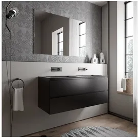 Bernstein Waschbeckenunterschrank AVA Schwarz matt 120cm Waschbecken Schwarz matt ohne Hahnloch Waschtischunterschrank mit Mineralguss-Doppelwaschbecken 2 Schubladen schwarz