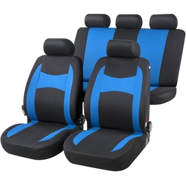 Walser Auto-Sitzbezug Fairmont, Universal-Sitzbezug Komplett-Set, PKW-Sitzbezüge, 2 Vordersitzbezüge, 1 Rücksitzbankbezug schwarz/blau