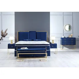 JV Möbel Schlafzimmer Set Bett Blau Hocker Kommode, Design Luxus 2x Nachttische 5tlg. Neu