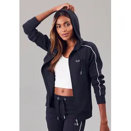 H.I.S. Kapuzensweatjacke H.I.S, Damen, Gr. 40/42, blau (marine), Interlock, Obermaterial: 60% Baumwolle, 40% Polyester, unifarben, Basic, Basic hüftlang, Bündchen, Sweatjacken, mit Piping an den Ärmeln, Loungeanzug