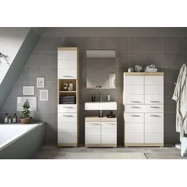 WELLTIME Badmöbel-Set "Siena, 4 teilig, bestehend aus:", weiß (eiche sonoma hell nb, weiß hochglanz mdf tz), B:186cm H:191cm T:34cm, Holzwerkstoff, MDF, Kastenmöbel-Sets, Badmöbel-Set, Hochschrank, Waschbeckenunterschrank, Badspiegel, Hochschrank breit