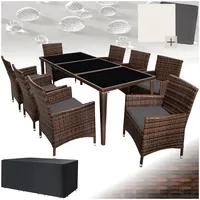 tectake Aluminium Poly Rattan Gartenmöbel Set 8 Stühle mit Tisch mit Glasplatten, inkl. 2 Bezugssets und Schutzhülle, wetterfeste Balkon Möbel - grau