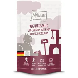 MJAMJAM Quetschies 125g Beutel Katzennassfutter Sparpaket 24 x 125 Gramm herzhaftes Wild & Kaninchen an fruchtigen Heidelbeeren