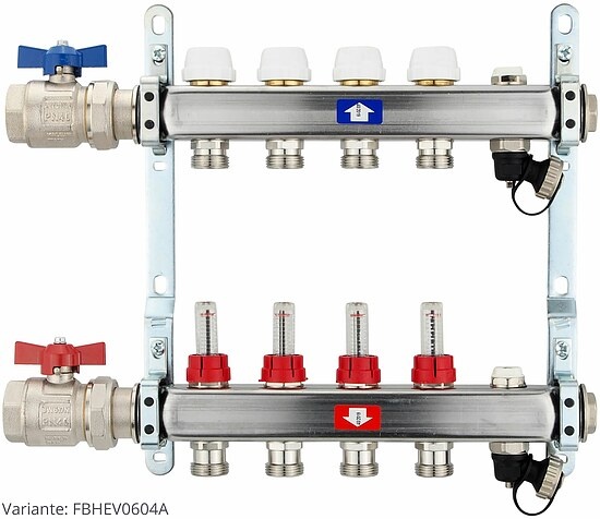 Fußbodenheizungsverteiler aus Edelstahl mit Topmeter für 4 Heizkreise - mit Anschlussset waagrecht