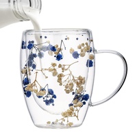 TAOLE Doppelwandige Gläser Mit Hen-kel, Doppelmauerte Glas Kaffeetassen Mit Blumen, 350ml Doppelwandige Gläser Teeglas Kreativ Blumen Für Milchkaffee Espresso Kaffee Saft Latte Macchiato