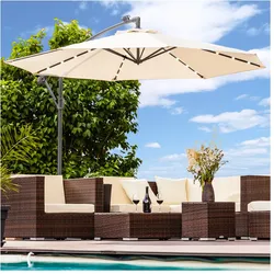 Luxus Sonnenschirm mit LED Beleuchtung Ampelschirm 300cm Solar Garten Schirm Pavillon in Creme