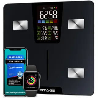 FITAGE Personenwaage digital Testsieger 2025, Körperwaage bis 225kg, Körperfettwaage mit 17 Körpermesswerten, Körperanalyse mit App, Waage mit Körperfett und Muskelmasse mit großem LED-Display