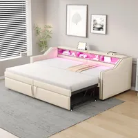 Merax Ausziehbares Schlafsofa 90/180x200 cm, Multifunktionale Staufächer, LED-Licht & USB-Buchse, mit Lattenrost, Beige (ohne Matratze)