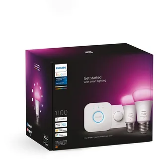 Philips Hue White & Color Ambiance Starter Set mit E27 Lampen 2-er Pack (1100), Smart Button + Hue Bridge, TESTSIEGER Stiftung Warentest (01/2024), 16 Mio. Farben per Sprache und App steuerbar