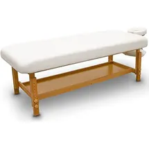 quirumed Fester Massagetisch aus Holz, für SPA, weiße Farbe, Massagebett, Kunstleder, höhenverstellbar, Abnehmbarer Kopf, Armlehnentablett, hochdichte Polsterung
