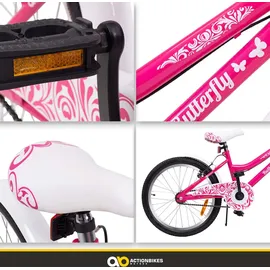 ACTIONBIKES MOTORS Actionbikes Kinderfahrrad Butterfly 20 Zoll Pink, Fahrradständer, Kettenschutz Antirutschgriffe (Pink/Weiß)