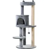 PawHut Katzenbaum 4-Stock Katzenhöhle Katzenhaus mit Spielbällen Sitzstange Sisalsäule und Kratzbrett groß stabil Sisal Plüsch Grau 48x48x104 cm - Grau