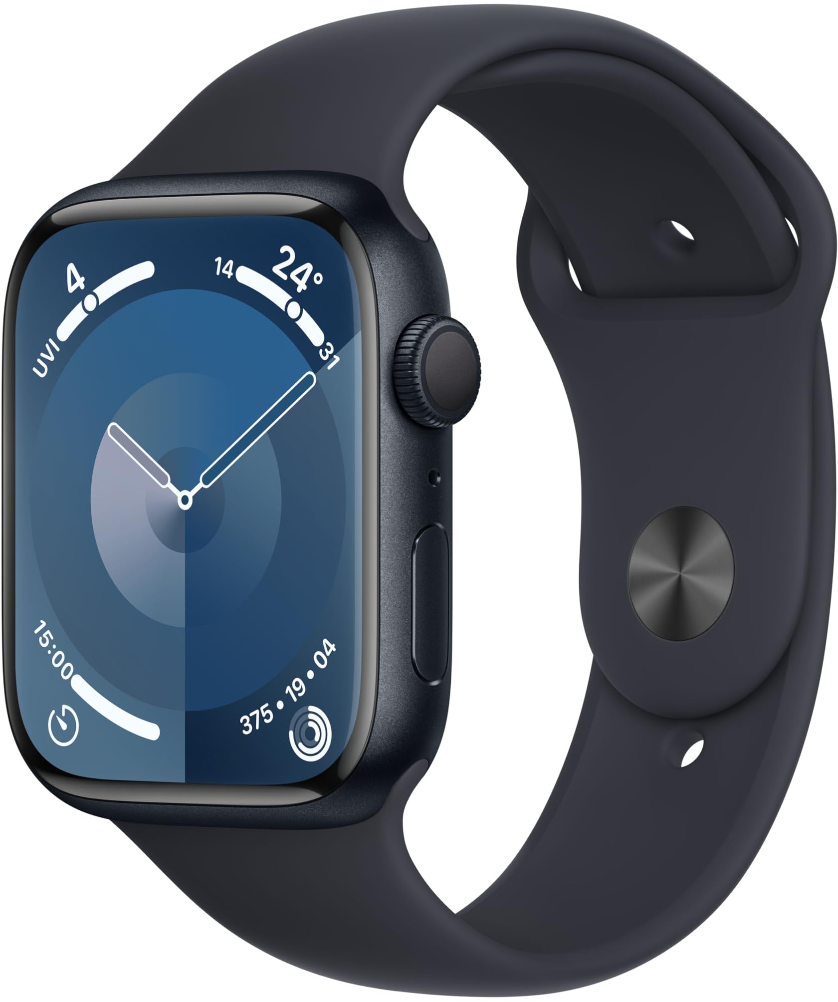 Apple Watch Series 9 (GPS, 45 mm) Smartwatch mit Aluminiumgehäuse und Sportarmband M/L in Mitternacht. Fitnesstracker, Blutsauerstoff und EKG Apps, Always-On Retina Display, Wasserschutz
