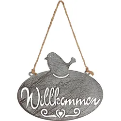 Gartenstecker AMBIENTE HAUS "Willkommen Schild mit Vogel (B) 20cm", grau, B:24cm H:34cm, Metall, Gartenstecker