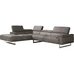 Ecksofa EGOITALIANO "Malika", grau (steingrau), B:300cm H:94cm T:107cm, Luxus-Micofaser Lederoptik (100% Polyester) ist ein neues technisches Gewebe mit einem visuellen und taktilen Aspekt, der dem Nubuk sehr nahe kommt, mit innovativen Eigenschaften. Seine außerordentliche Weichheit kommt von einem exklusiven Produktionsprozess, der Unreinheiten und Unregelmäßigkeiten beseitigt. Das Ergebnis ist eine bemerkenswert samtige Faser, die durch das Vorhandensein von Körnern verstärkt wird. Von der einfarbigen Eleganz der warmen Farben und der Vielfalt an trendigen Farben, die es zu seiner eigenen Stärke und Persönlichkeit machen., Sofas, mit Ottomane, inkl. Kopfteilverstellung und chromfarbenen Metallfüßen