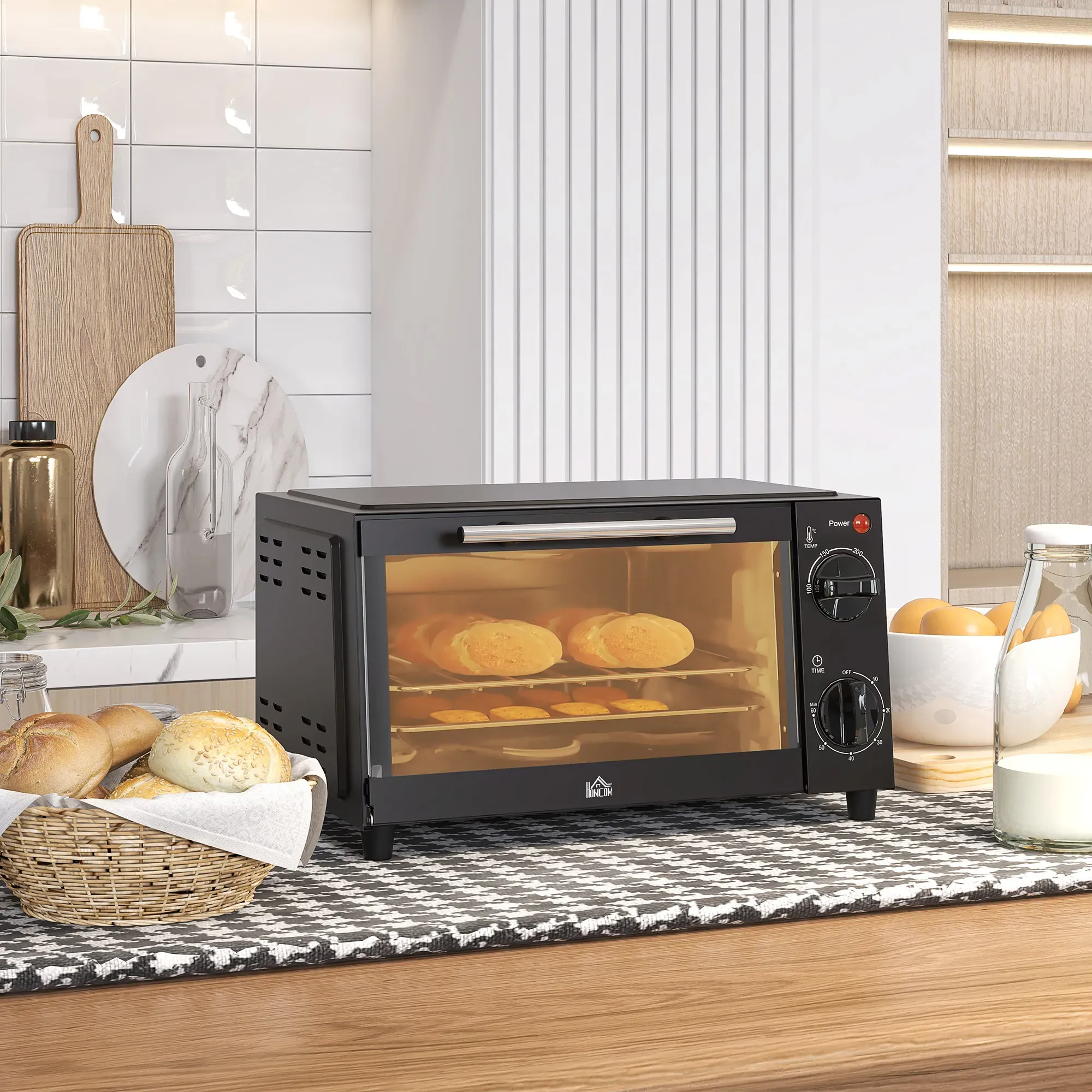 HOMCOM Minibackofen 9L Mini Ofen mit Backblech, Grillrost, 100 °C-230 °C, mit einstellbar Temperatur und Garzeit, 60 Min. Timer, 750W, Edelstahl, Schwarz   Aosom