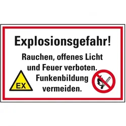 Schild I Hinweis-Kombischild Explosionsgefahr! Rauchen, offenes Licht und Feuer verboten, Kunststoff, 300x200mm