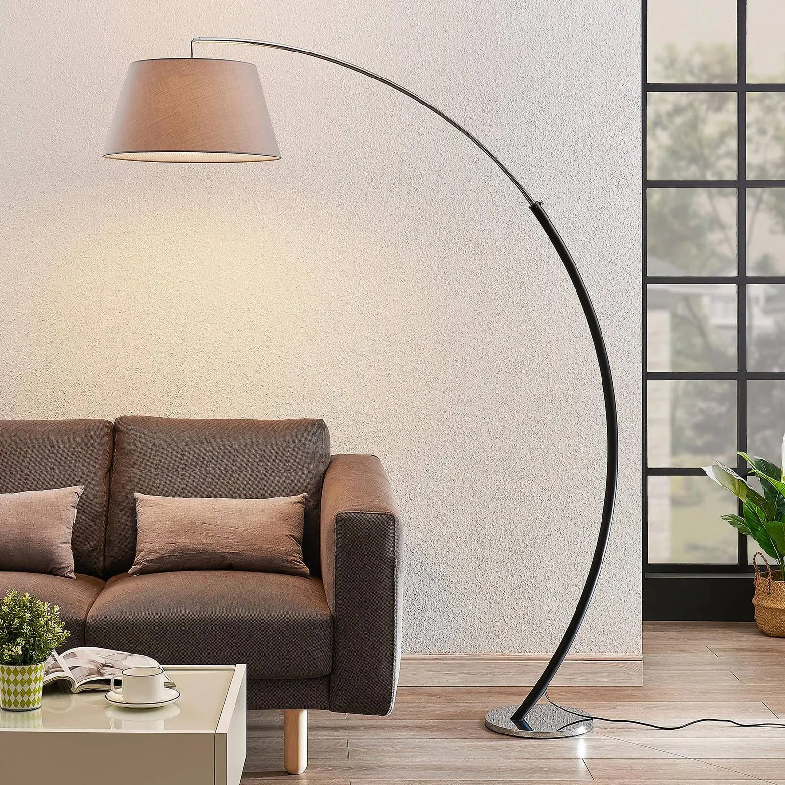 Bogenlampe Evelyna Lucande, alu / grau / zink, für Schlafzimmer, Textil / Stoff / Seide, Modern, Stehlampe - 48 cm - 48 cm - 192 cm
