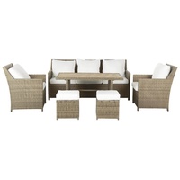 Gartenmöbel Set Polyrattan Braun Textil Weiß inkl. Auflagen 5-Sitzer Lounge Set Tisch Zwei Hocker Sessel Terrasse Outdoor Garten Modern