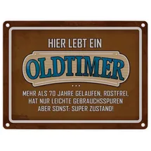 trendaffe Hier lebt ein Oldtimer über 70 Metallschild in Braun Geburtstag Retro Vintage