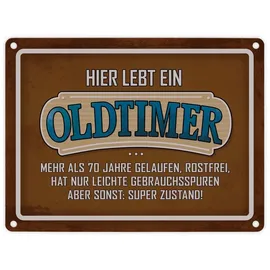 trendaffe Hier lebt ein Oldtimer über 70 Metallschild in Braun Geburtstag Retro Vintage