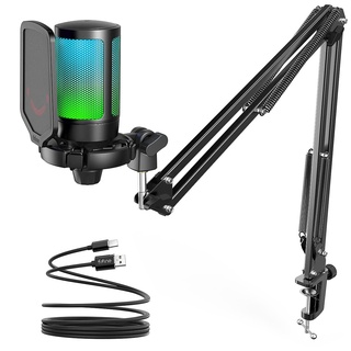 Fifine Gaming Mikrofon PC mit Arm, USB Microphone Kit mit Stummschalttaste für Podcast Streaming Studio, für MAC PS4 PS5