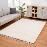 Carpet City Teppich Wohnzimmer - Shaggy Hochflor Creme - 120x160 cm Einfarbig - Moderne Teppiche mit Fransen