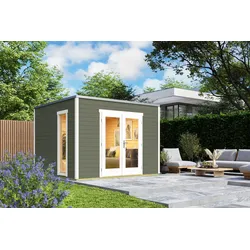Gartenhaus NORDIC HOLZ "Palermo 1", grün (grüngrau), Fußboden im Gartenhaus, Massivholzdach, Holz, Gartenhäuser, mit großen Glasflächen