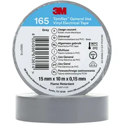 10St. 3M Temflex 15mmxGrau 165GY1E Vinyl-Isolierband 0,15mm