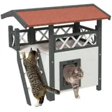 PawHut Katzenhaus mit Asphaltdach, 2-stöckig, Katzenhütte mit Balkon, Katzenvilla mit Treppe, Massivholz, Weiß, 77 x 50 x 73 cm