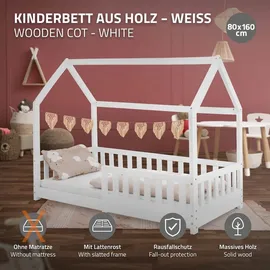 ML-Design Hausbett mit Rausfallschutz 80 x 160 cm Kiefer massiv weiß