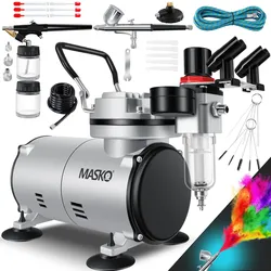 MASKO® Airbrush-Set mit Kompressor 4 bar inkl. Airbrush-Pistolen   Lackierpistole Komplett-Set Tattoo Kunst Malerei   Nadeln & Düsen im Zubehör   Multifunktions Dual-Set mit Manomter & Luftfilter