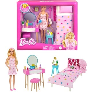 Barbie Schlafzimmer-Spielset - Puppe, Bett, Schminktisch, Kätzchen und 20 Zubehörteile kreatives Spielen, inklusive flauschigem Bademantel und Hausschuhen, für Kinder ab 3 Jahren, HPT55