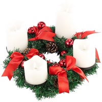 Britesta Tannenkranz LED-Kerze: Adventskranz, rot, 4 weiße LED-Kerzen mit bewegter Flamme (Adventskränze ohne Echte Kerzen, Gesteck LED-Kerze, Kabellose Weihnachtskerzen)