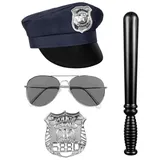 Boland Polizei-Kostüm US Cop Accessoire-Set, Mütze, Marke, Sonnenbrille und Gummiknüppel - fertig ist der US Polizi blau