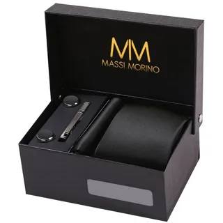 MASSI MORINO Krawatte Schwarz mit Einstecktuch Set Herren inkl. Manschettenknöpfe, Krawattennadel und Geschenkbox | Männer Krawattenset zur Hochzeit - Einheitsgröße