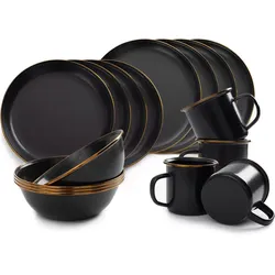 Emaille Campinggeschirr Set Teller Schüssel Becher Edelstahl 16tlg dunkelgrau No Size