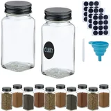 Relaxdays Gewürzgläser 12er Set, Streueinsatz, Gewürzdosen Glas, 120 ml, mit Etiketten & Trichter, transparent/schwarz
