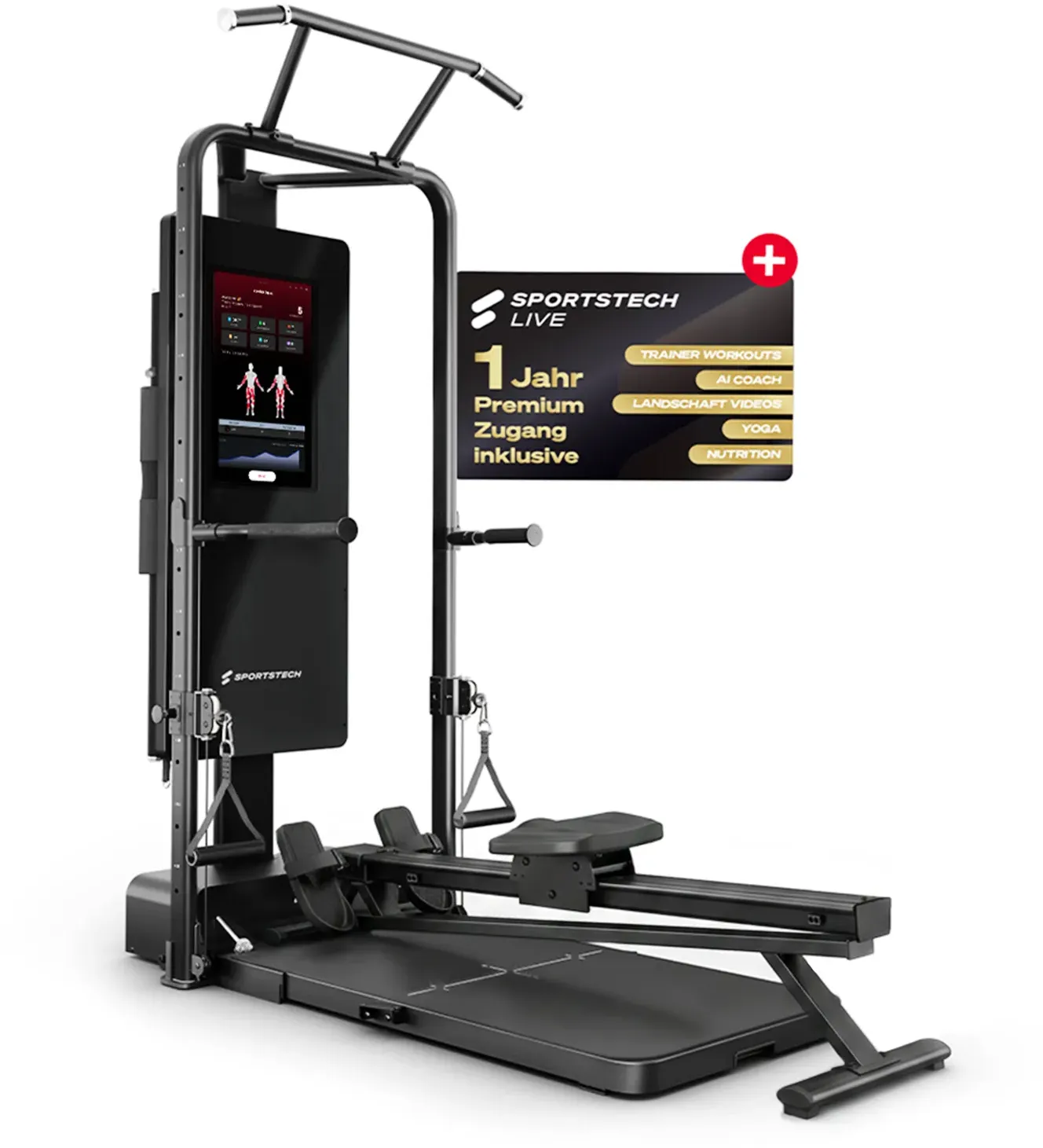 Sportstech Home Gym sGym Pro,  160x90x220cm, 21′′ Touch-Display mit STL App, Trainingsplänen, Workouts und Tracking, Gewichte bis 120 kg, Klimmzug, Dipbar, Kabelzug, 400+ Übungen, Ganzkörpertraining