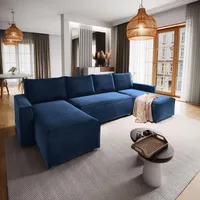 masseno Ecksofa U-Form Velours 3-Sitzer Blau
