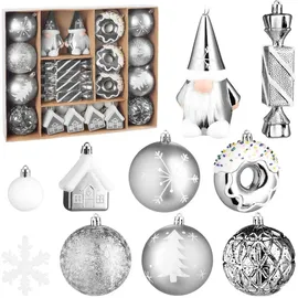Brubaker 64 Stück Christbaumschmuck - Weihnachtskugel Set - Silber Weiß