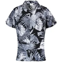 King Kameha Funky Hawaii-Bluse-Hemd, Damen, Kurzarm, Pineapple-Leaves, Mono-Grau, M - M