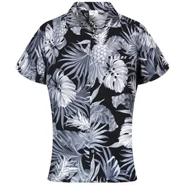King Kameha Funky Hawaii-Bluse-Hemd, Damen, Kurzarm, Pineapple-Leaves, Mono-Grau, M - M