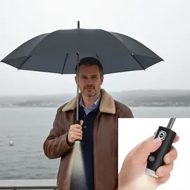 shop'n smile ideoon Faltbarer Regenschirm mit LED-Taschenlampe, Ø105 cm, schwarz: Ein perfekter Allwetter-Begleiter für Dunkelheit & Regenschauer
