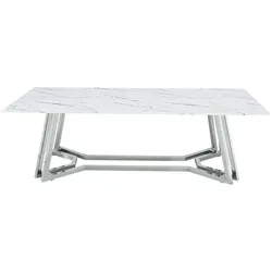 SalesFever Couchtisch 110 x 60 cm | Tischplatte Glas Marmor-Optik | Gestell Metall | B 110 x T 60 x H 40 cm | weiß – chromfarben