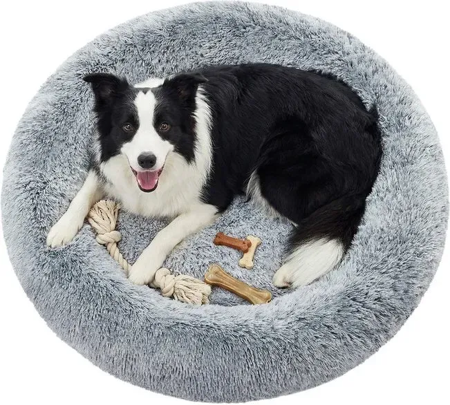 SONGMICS Pet Flauschiges Hundebett, Katzenbett, Donut-Kissen, waschbar, herausnehmbares Innenpolster, langes Plüschmaterial, 100 cm Durchmesser, Ombregrau